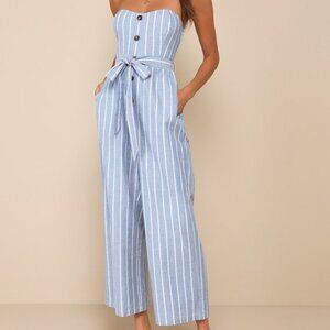 Lulus Sunny Day Classic Blue And White Striped Strapless Jumpsuit - Size XXL